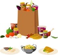 Vector illustration of a shopping paper bag with groceries and various dishes and ingredients Royalty Free Stock Photo