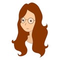 Vector illustration of a shoulder-length girl with a kind smiling face in round glasses and long loose brown hair on a white