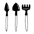 Vector illustration of a shovel and rake. Hand-drawn doodle Gardening tools isolated