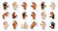 Set of human hands vector illustration. Different hand gestures, hand poses, finger actions like thumb up, grabbing and Royalty Free Stock Photo