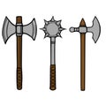 A vector illustration showcasing three distinct medieval weapons: a double-headed axe, a spiked mace, and a single-headed axe with Royalty Free Stock Photo
