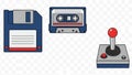 Retro Technology Icons: Floppy Disk, Cassette Tape, and Joystick Royalty Free Stock Photo