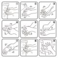 Vector illustration showing how to properly wash your hands to prevent virus infection. Black and white version.