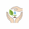 vector illustration showing two stylized human hands gently cupping or holding various abstract nature elements Royalty Free Stock Photo