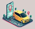 A vector illustration shows a car-sharing service controlled by a smartphone app, with modern vehicles and remote monitoring of