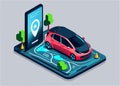 A vector illustration shows a car-sharing service controlled by a smartphone app, with modern vehicles and remote monitoring of