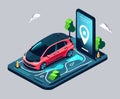 A vector illustration shows a car-sharing service controlled by a smartphone app, with modern vehicles and remote monitoring of