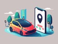 A vector illustration shows a car-sharing service controlled by a smartphone app, with modern vehicles and remote monitoring of