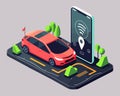 A vector illustration shows a car-sharing service controlled by a smartphone app, with modern vehicles and remote monitoring of