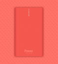 Vector illustration shows realistic powerbank in coral color.