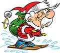 Santa Claus on skis, who hurries with a sack of New Year`s gifts