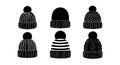 Winter hats collection knitted pompom beanie warm accessories vector illustration Royalty Free Stock Photo
