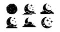 Moon phases icons with stars and clouds simple black vector illustration night sky symbols set Royalty Free Stock Photo