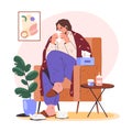 Vector illustration of sick or ill woman at home. Royalty Free Stock Photo