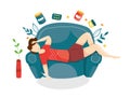 Vector illustration of sick man lying in chair with symptoms of cold, high fever. Flu infection. Coronavirus. Season