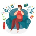 Vector illustration of sick man sitting in armchair with symptoms of cold, high fever. Flu infection. Coronavirus