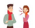 Vector illustration of sick young woman and ill young man, cough and fever symptoms, unhealthy people cartoon characters