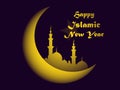 vector illustration sign Happy Islamic New year religious symbol moon and start and mosque islam celebration pattern golden