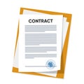 Vector illustration of signed business contract, agreement icon with round stamps on clipboard with golden, red pen. Royalty Free Stock Photo