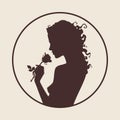 Vector illustration silhouette of beautiful curly girl with rose flower in profile isolated