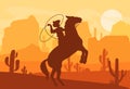 Vector Illustration Of Silhouette Of Cowboy Catching Wild Horse At Sunset With Beautiful Wild West Texas Desert On