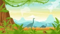 Vector illustration of silhouette of dinosaurs on the Jurassic period landscape with mountains, volcano and tropical Royalty Free Stock Photo