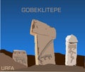 Vector illustration and silhouette drawing Gobeklitepe, Urfa, Turkey - vintage. UNESCO cultural heritage. Gobekli tepe in TURKEY.