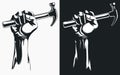 Silhouette hand holding hammer clipart drawing, transparent logo illlustration