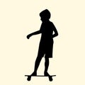 Vector illustration of a silhouette of a little boy riding fast on a skateboard in the summer Royalty Free Stock Photo