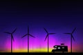 Cartoon retro car between windmills on road at night Royalty Free Stock Photo