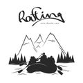 Silhouette of rafting team and river on mountains background