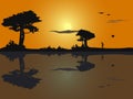 Vector illustration of silhouette of sunset on the beach with tr