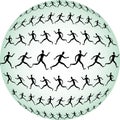 Vector illustration of silhouettes abstract human figures running in rows on green sphere surface Royalty Free Stock Photo