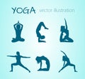 vector illustration of silhouettes of girls doing yoga in different poses. healthy lifestyle, stretching, meditation Royalty Free Stock Photo