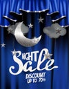 Vector illustration with silver moon and stars, clouds and theater curtains. Royalty Free Stock Photo