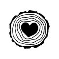Vector illustration, simple doodle line drawing. sawed off a tree heart inside. slice, slice of wood. symbol made of wood, eco, na