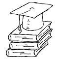 Square academic hat with a tassel on a stack of books. Graduation. Vector illustration. Simple hand drawing icon Royalty Free Stock Photo