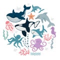 Collection of cute sea animals, fish and algae. Vector illustration in simple hand-drawn style Royalty Free Stock Photo