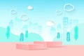Vector illustration in simple minimal geometric flat style, city landscape with buildings, hills and trees, abstract background Royalty Free Stock Photo