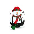 Vector Illustration of Singing Snowman in Striped Hat and Scarf with Broom