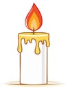 Vector illustration of a single burning pillar candle with melting wax and a bright flame Royalty Free Stock Photo