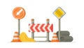 Vector illustration of site construction. Devices for different construction work and road repair.