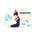 Woman crying on the floor with flying scattered papers and fire above her head and word deadline. Royalty Free Stock Photo