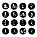 Vector illustration of sixteen black and white grunge icons illustrating summer outdoor activities of men, women, children