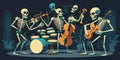 Vector illustration of skeleton playing musical instruments on dark background. Dia de los muertos party. Generative AI