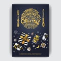 Vector illustration sketch christmas menu. Holiday banner. Template with hand drawn Decorations graphic. Happy New Year Card