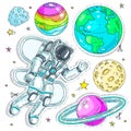 Vector illustration comic style colorful icons, stickers astronaut spaceman flies in space surrounded by planets