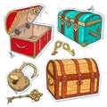 Colorful sticker, set old pirate chests with lock and keys