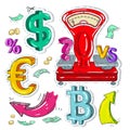 Colorful sticker scales, money signs and arrow Royalty Free Stock Photo