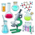 Set of various devices for chemical experiments, microscope, flasks, test tubes Royalty Free Stock Photo